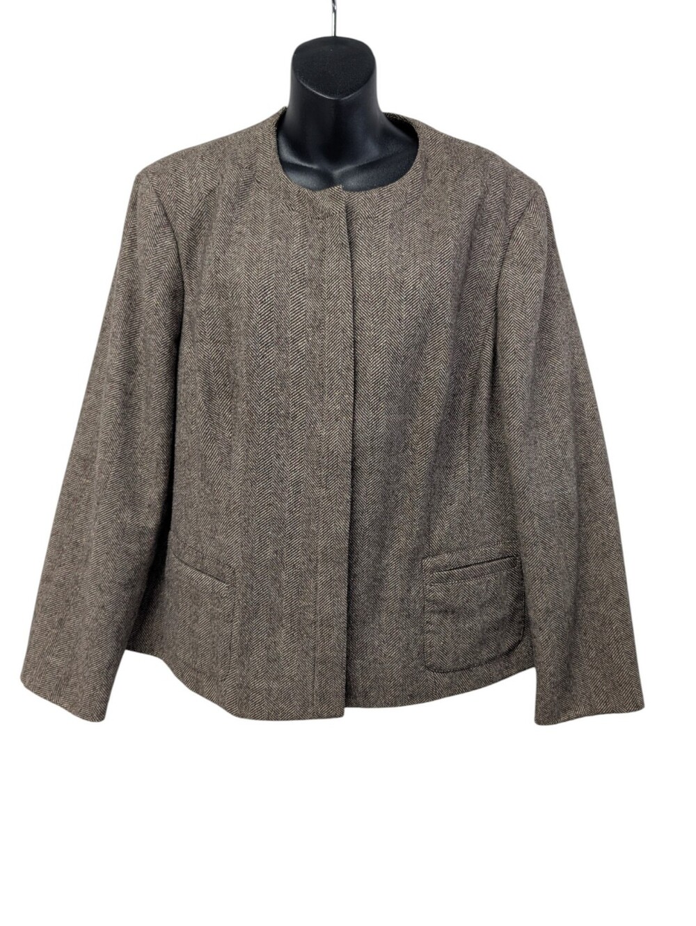 Evan-Picone Women's Brown Herringbone Wool Zip Jacket Lined Pockets Plus SZ18W